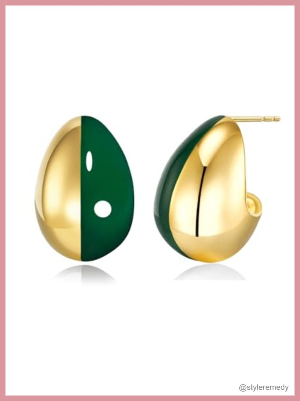 14K Gold Plated Green Enamel Teardrop Huggie Stud Earrings 16mm x 12mm